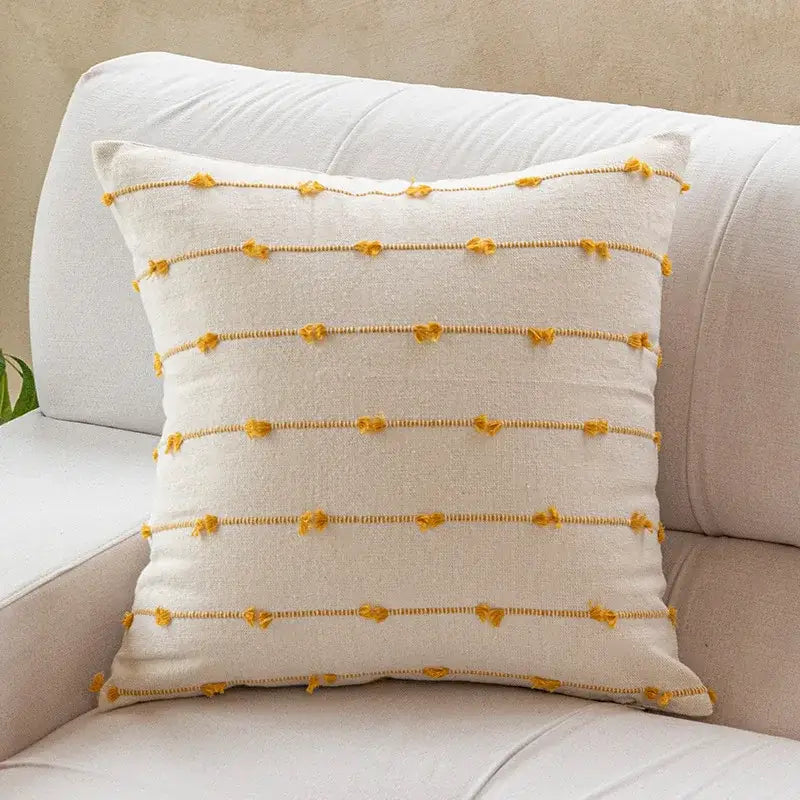 Cream-colored cotton stripe jacquard cushion cover with mustard-yellow embroidered stripes and tassel details for living room decorbites cotton stripe