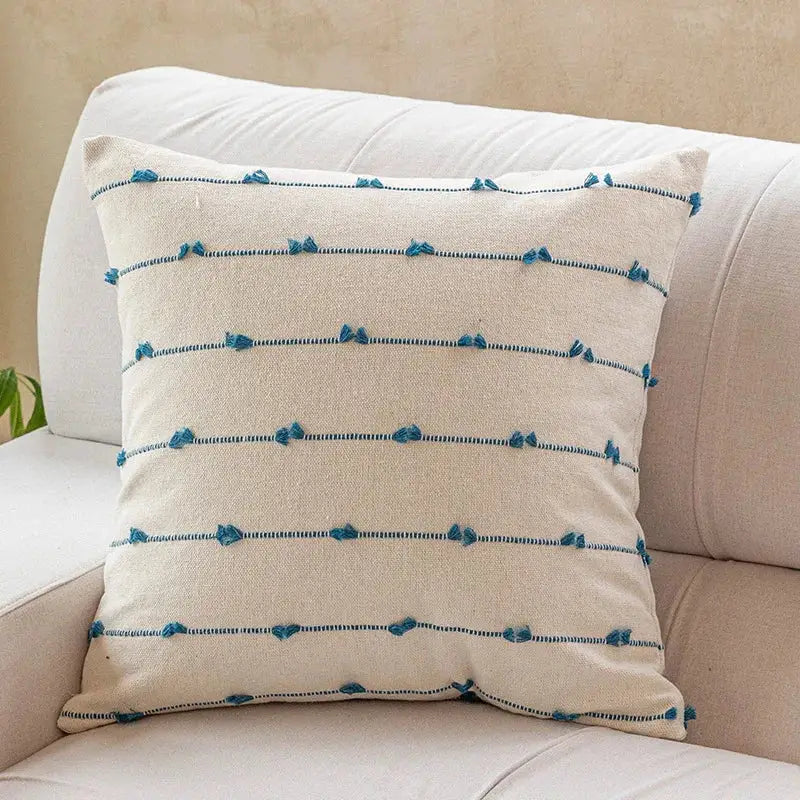 Beige cotton stripe jacquard cushion cover with blue embroidered stripes and tassels for living room decorbites cotton stripe