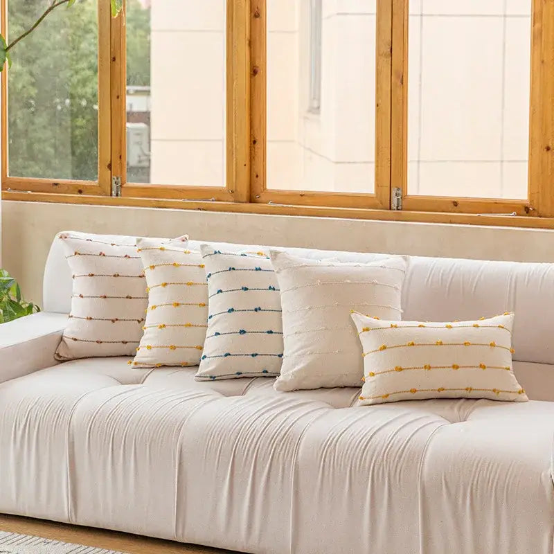 Set of five cream cotton stripe jacquard cushion covers with colorful embroidered dots for blue yellow living room decorbites