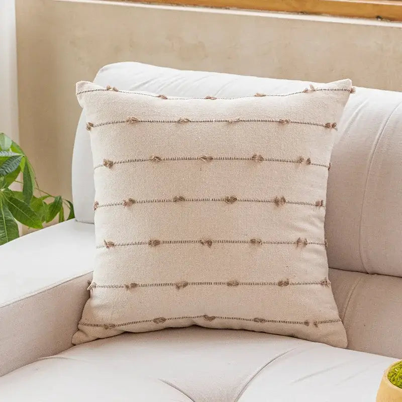 Beige cotton stripe jacquard cushion with textured earth toned tassels for blue and yellow living room decorbites cotton stripe