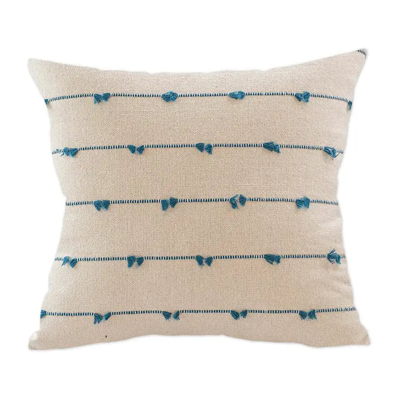 Beige cotton stripe jacquard cushion cover with teal horizontal stripes and tassels for blue and yellow living room decorbites