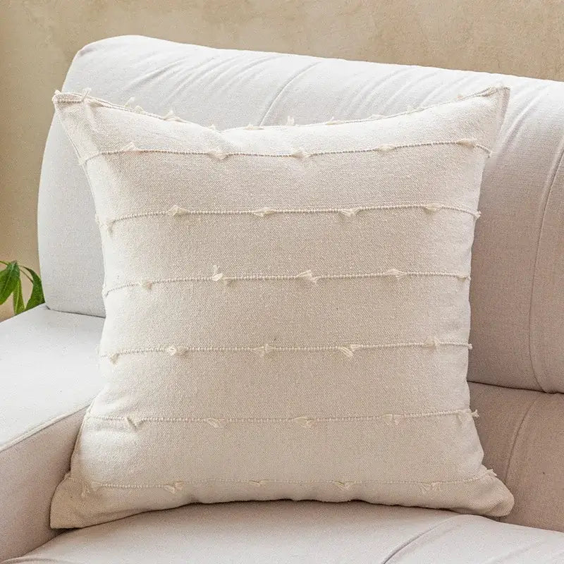 Cream-colored cream stripe jacquard cushion with textured frayed tassels for decorbites cotton stripe living room decor