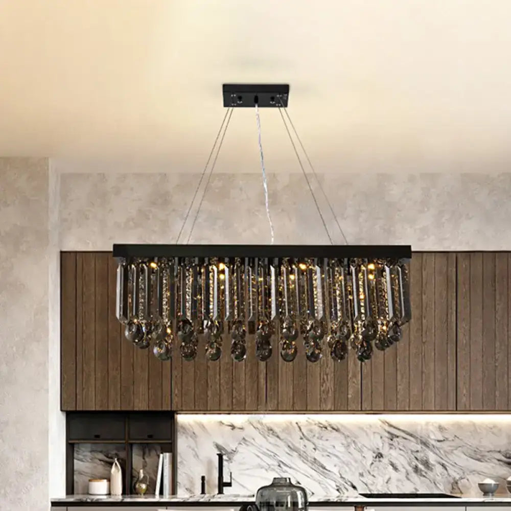 Black rectangular decorbites™ crystal island pendant light with hanging droplets for dining room illumination