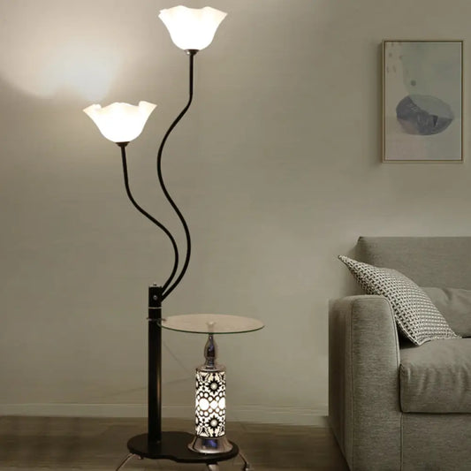 Country Black Frosted Glass Standing Floor Lamp with Tray - 3 Bulbs Open-Top Flower Floor Light