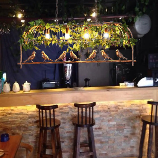 ديكوربايتس™ مصباح جزيرة قفص طيور برونزي ريفي مع طائر ولبلاب صناعي - تعليق قضيب بأربعة مصابيح