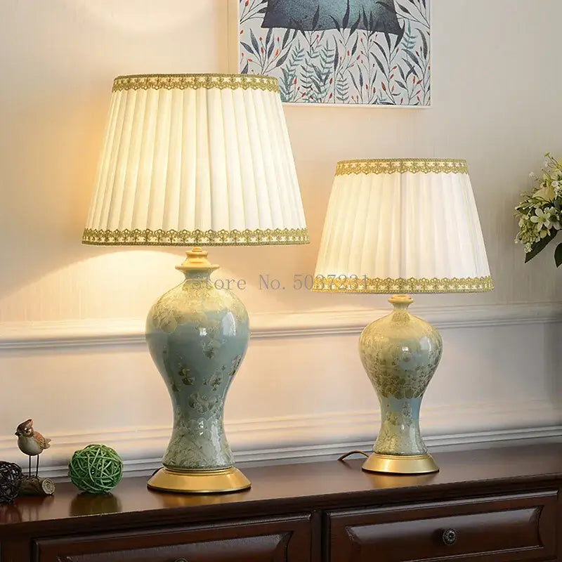Pair of elegant country ceramic table lamps in celadon with gold-trimmed cream pleated shades for bedroom decorbites decor