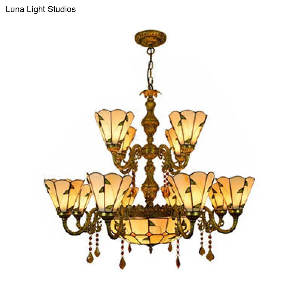 Country Chandelier: Beige/Blue Stained Glass, 12 Heads, Two-Tiers, Pendant Light for Living Room