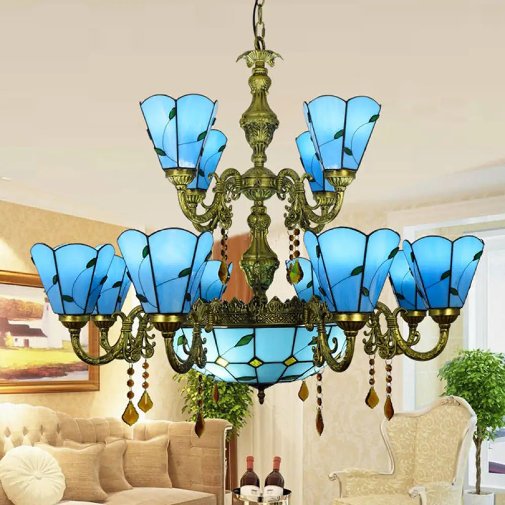 Country Chandelier: Beige/Blue Stained Glass, 12 Heads, Two-Tiers, Pendant Light for Living Room