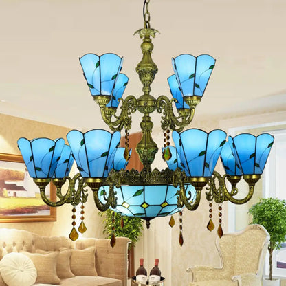 Country Chandelier: Beige/Blue Stained Glass, 12 Heads, Two-Tiers, Pendant Light for Living Room
