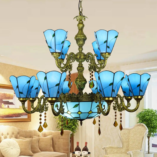 Country Chandelier: Beige/Blue Stained Glass, 12 Heads, Two-Tiers, Pendant Light for Living Room