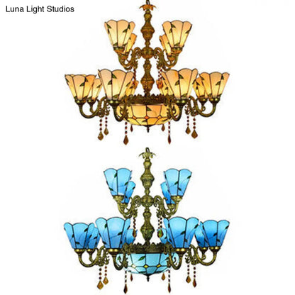 Country Chandelier: Beige/Blue Stained Glass, 12 Heads, Two-Tiers, Pendant Light for Living Room