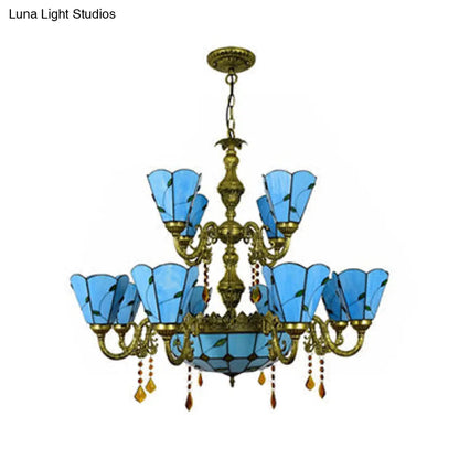Country Chandelier: Beige/Blue Stained Glass, 12 Heads, Two-Tiers, Pendant Light for Living Room