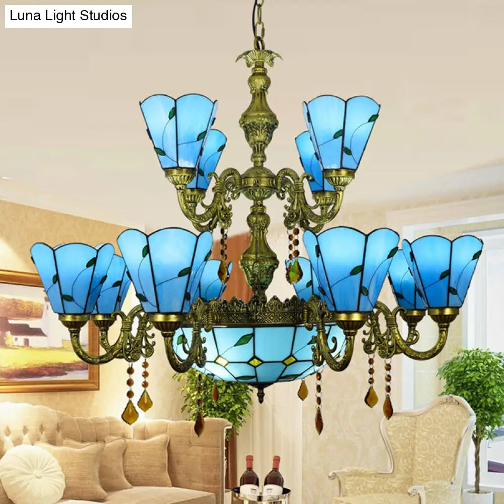 Country Chandelier: Beige/Blue Stained Glass, 12 Heads, Two-Tiers, Pendant Light for Living Room