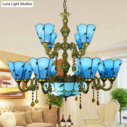 Country Chandelier: Beige/Blue Stained Glass, 12 Heads, Two-Tiers, Pendant Light for Living Room