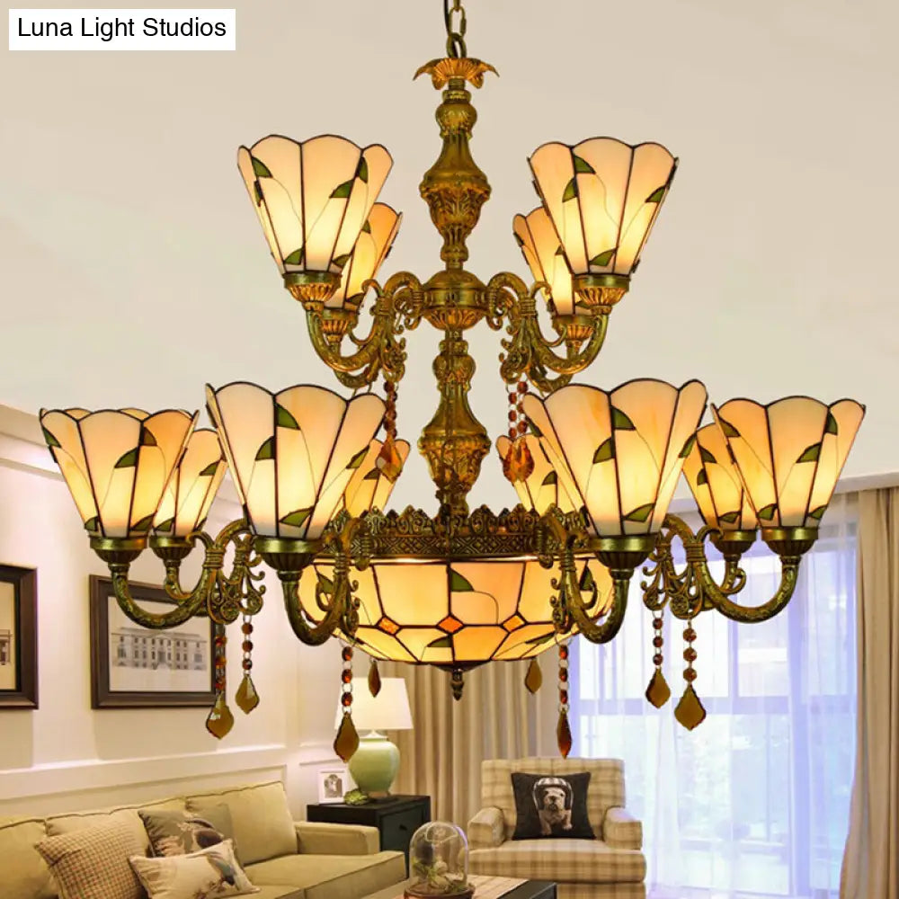 Country Chandelier: Beige/Blue Stained Glass, 12 Heads, Two-Tiers, Pendant Light for Living Room