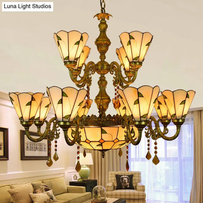 Country Chandelier: Beige/Blue Stained Glass, 12 Heads, Two-Tiers, Pendant Light for Living Room