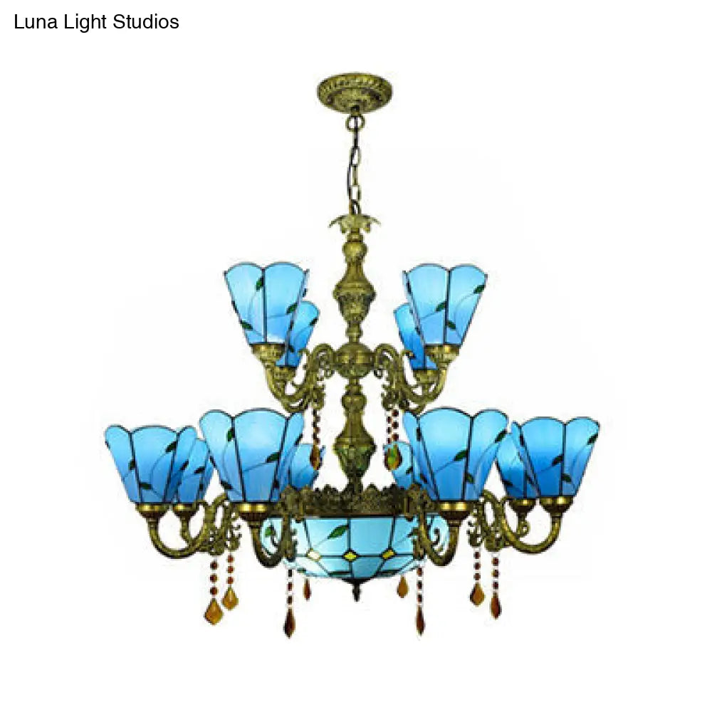 Country Chandelier: Beige/Blue Stained Glass, 12 Heads, Two-Tiers, Pendant Light for Living Room