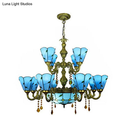 Country Chandelier: Beige/Blue Stained Glass, 12 Heads, Two-Tiers, Pendant Light for Living Room