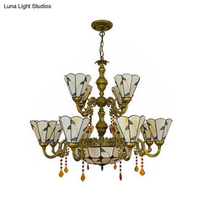 Country Chandelier: Beige/Blue Stained Glass, 12 Heads, Two-Tiers, Pendant Light for Living Room