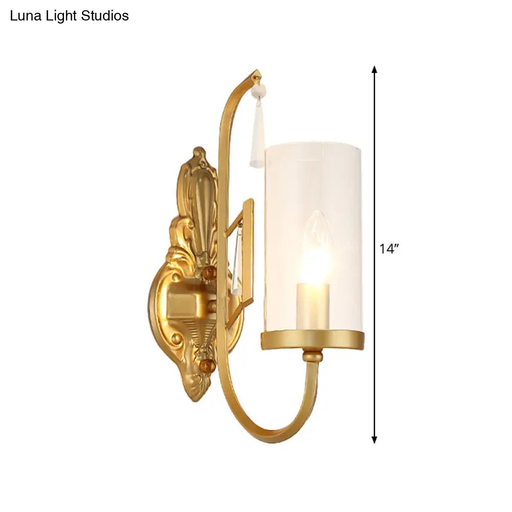 مصباح حائطي من الزجاج الشفاف الريفي بذراع منحني - إضاءة سطحية أسطوانية ذهبية لغرفة المعيشة