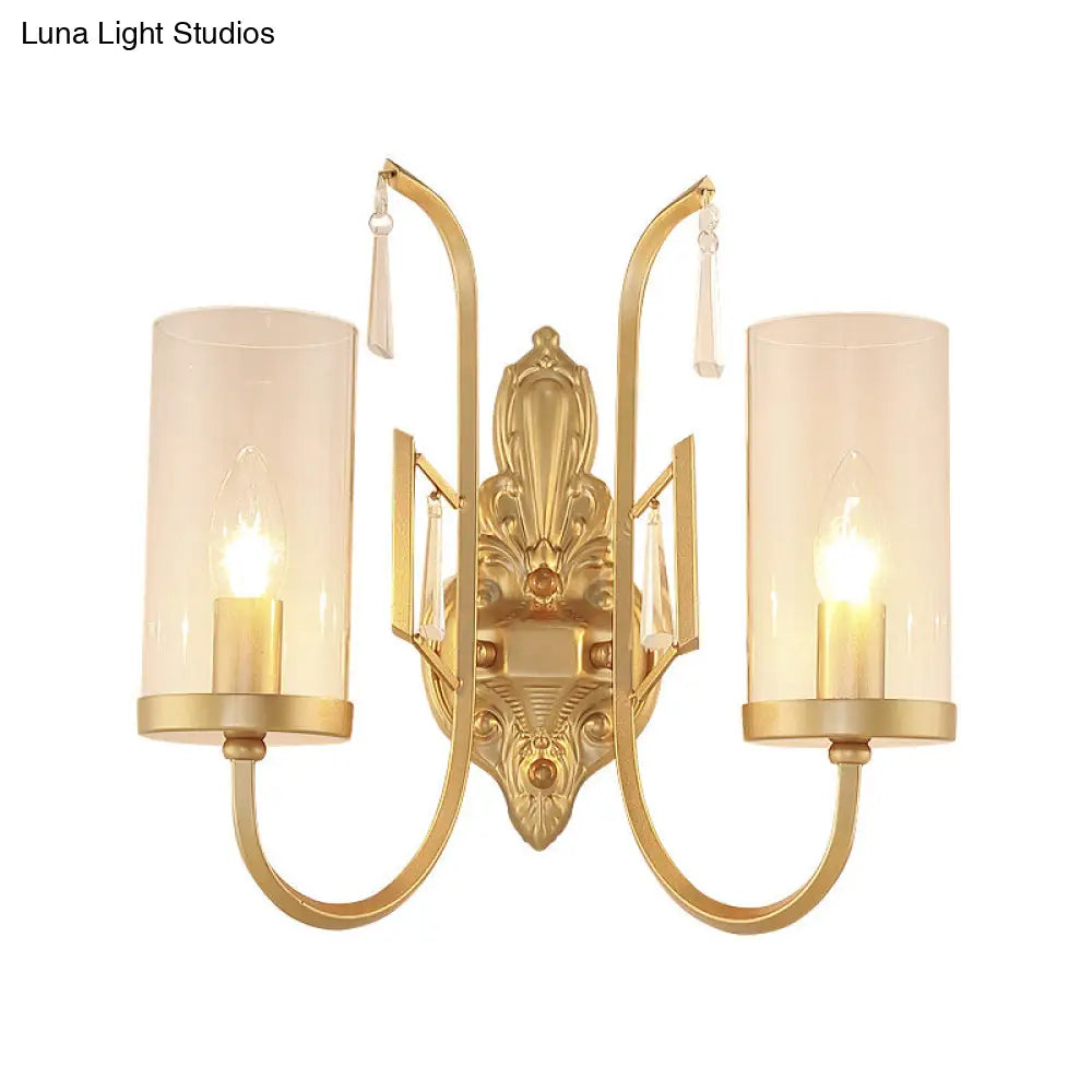 مصباح حائطي من الزجاج الشفاف الريفي بذراع منحني - إضاءة سطحية أسطوانية ذهبية لغرفة المعيشة