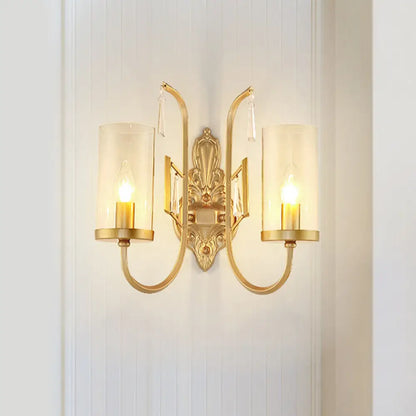 مصباح حائطي من الزجاج الشفاف الريفي بذراع منحني - إضاءة سطحية أسطوانية ذهبية لغرفة المعيشة