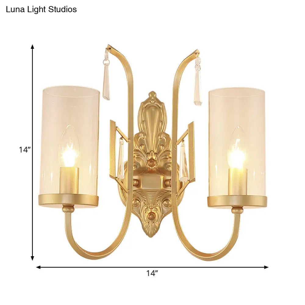 مصباح حائطي من الزجاج الشفاف الريفي بذراع منحني - إضاءة سطحية أسطوانية ذهبية لغرفة المعيشة