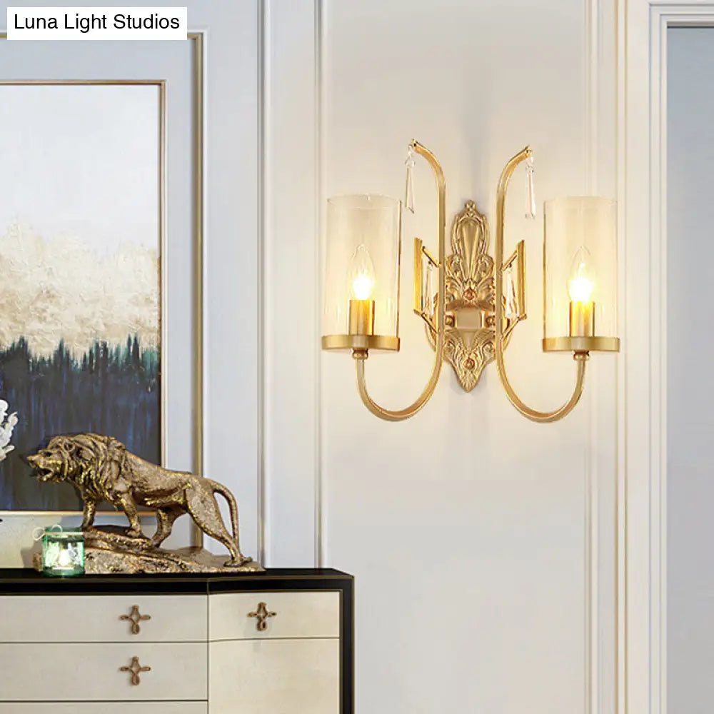 مصباح حائطي من الزجاج الشفاف الريفي بذراع منحني - إضاءة سطحية أسطوانية ذهبية لغرفة المعيشة