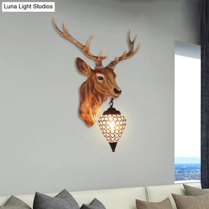 Country Crystal Wall Sconce Lamp with Deer Head, Teardrop Beveled Design - 15"/20.5"/24.5" Wide, 1 Head, White/Yellow/Gold