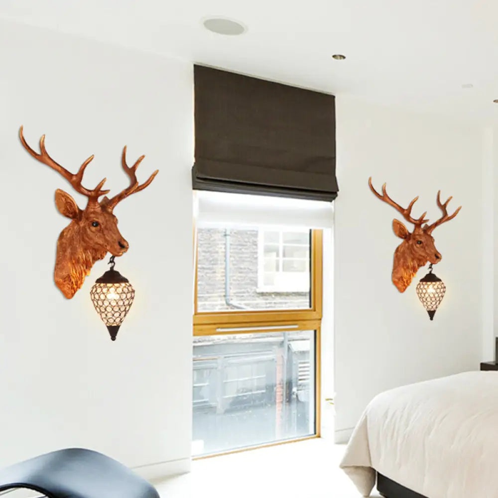 Country Crystal Wall Sconce Lamp with Deer Head, Teardrop Beveled Design - 15"/20.5"/24.5" Wide, 1 Head, White/Yellow/Gold