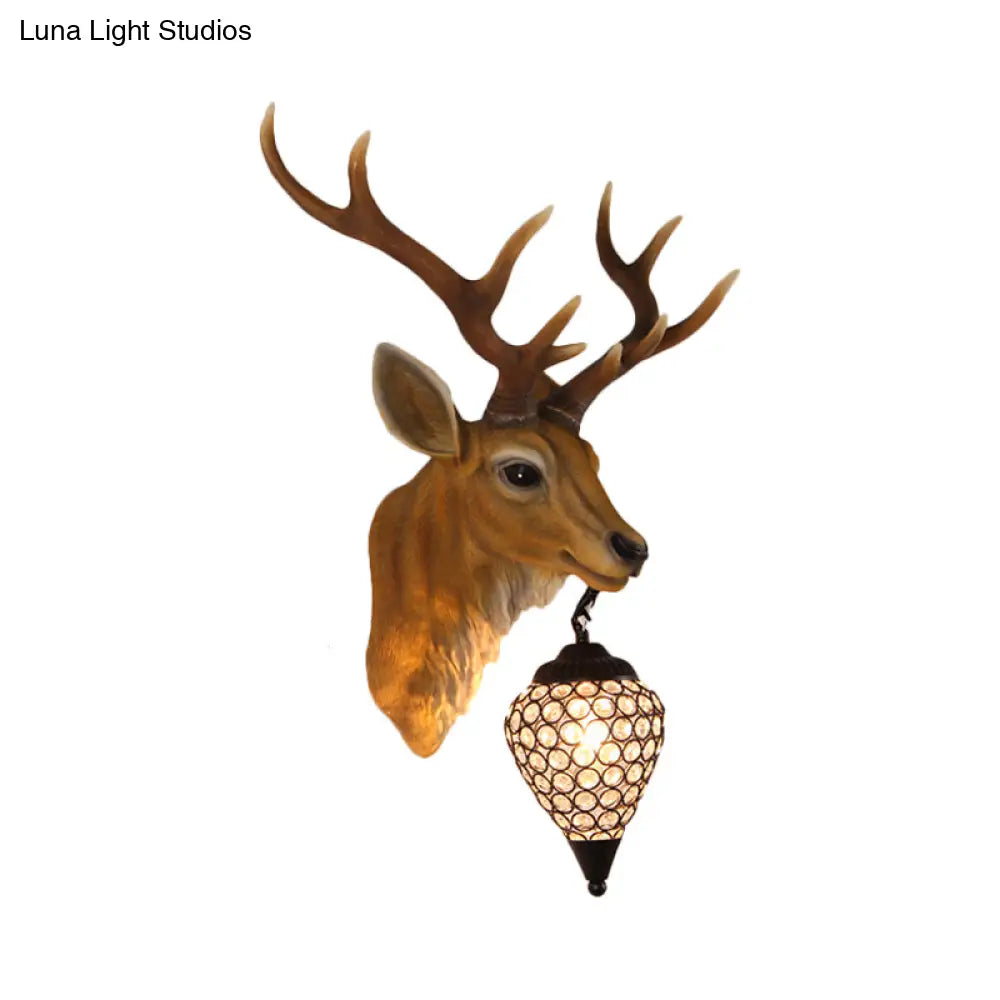 Country Crystal Wall Sconce Lamp with Deer Head, Teardrop Beveled Design - 15"/20.5"/24.5" Wide, 1 Head, White/Yellow/Gold