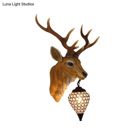 Country Crystal Wall Sconce Lamp with Deer Head, Teardrop Beveled Design - 15"/20.5"/24.5" Wide, 1 Head, White/Yellow/Gold
