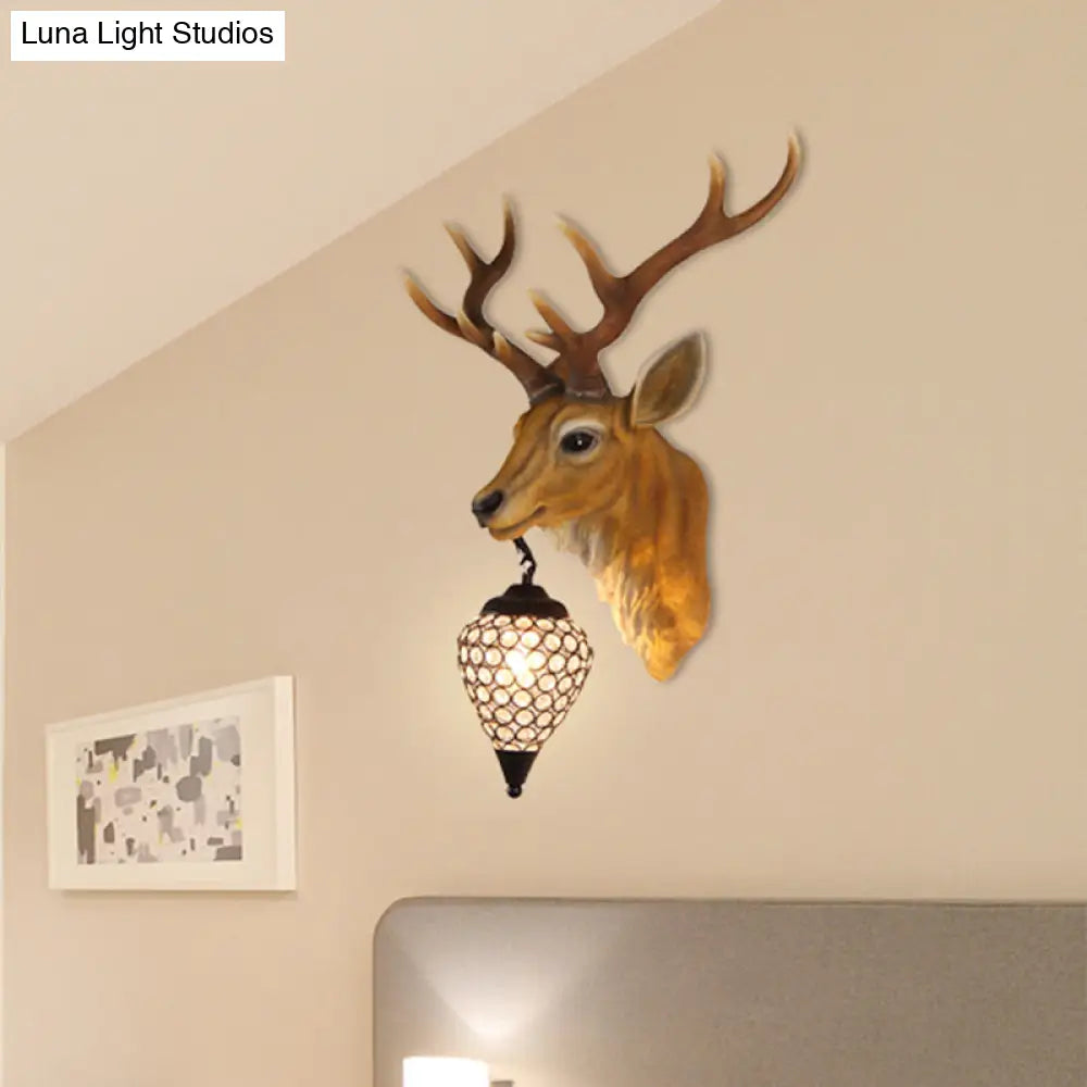 Country Crystal Wall Sconce Lamp with Deer Head, Teardrop Beveled Design - 15"/20.5"/24.5" Wide, 1 Head, White/Yellow/Gold