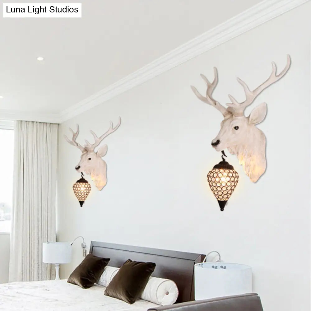 Country Crystal Wall Sconce Lamp with Deer Head, Teardrop Beveled Design - 15"/20.5"/24.5" Wide, 1 Head, White/Yellow/Gold