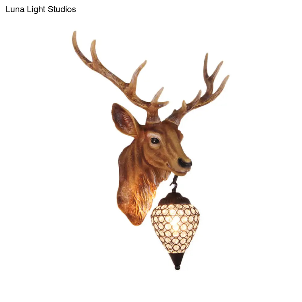 Country Crystal Wall Sconce Lamp with Deer Head, Teardrop Beveled Design - 15"/20.5"/24.5" Wide, 1 Head, White/Yellow/Gold