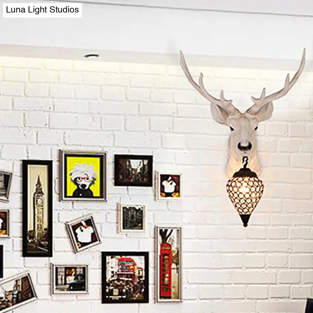 Country Crystal Wall Sconce Lamp with Deer Head, Teardrop Beveled Design - 15"/20.5"/24.5" Wide, 1 Head, White/Yellow/Gold