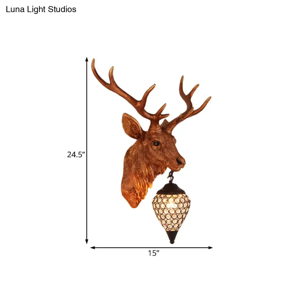Country Crystal Wall Sconce Lamp with Deer Head, Teardrop Beveled Design - 15"/20.5"/24.5" Wide, 1 Head, White/Yellow/Gold