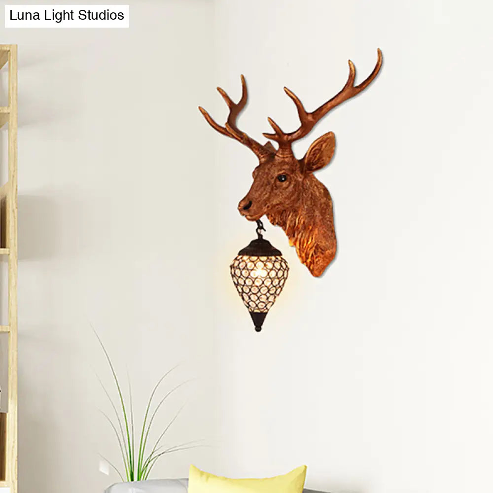 Country Crystal Wall Sconce Lamp with Deer Head, Teardrop Beveled Design - 15"/20.5"/24.5" Wide, 1 Head, White/Yellow/Gold
