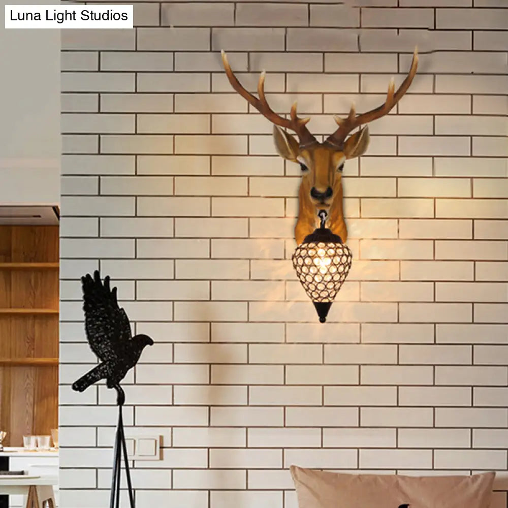 Country Crystal Wall Sconce Lamp with Deer Head, Teardrop Beveled Design - 15"/20.5"/24.5" Wide, 1 Head, White/Yellow/Gold