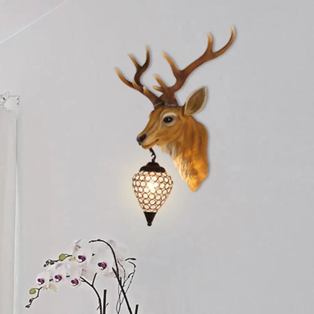 Country Crystal Wall Sconce Lamp with Deer Head, Teardrop Beveled Design - 15"/20.5"/24.5" Wide, 1 Head, White/Yellow/Gold
