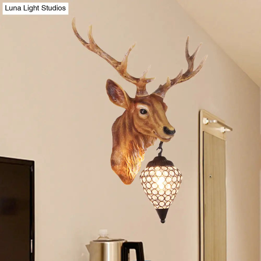 Country Crystal Wall Sconce Lamp with Deer Head, Teardrop Beveled Design - 15"/20.5"/24.5" Wide, 1 Head, White/Yellow/Gold