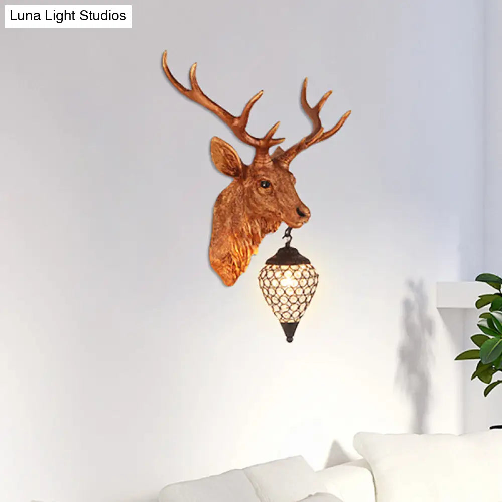 Country Crystal Wall Sconce Lamp with Deer Head, Teardrop Beveled Design - 15"/20.5"/24.5" Wide, 1 Head, White/Yellow/Gold