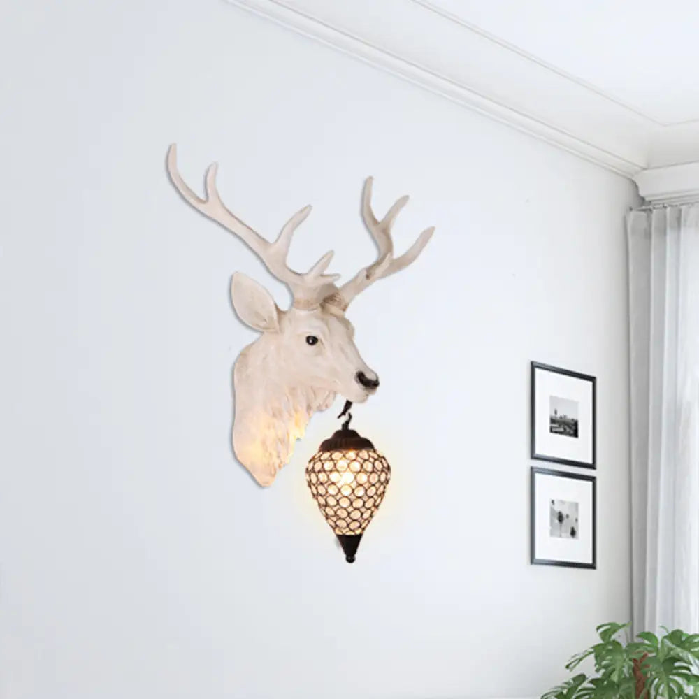 Country Crystal Wall Sconce Lamp with Deer Head, Teardrop Beveled Design - 15"/20.5"/24.5" Wide, 1 Head, White/Yellow/Gold