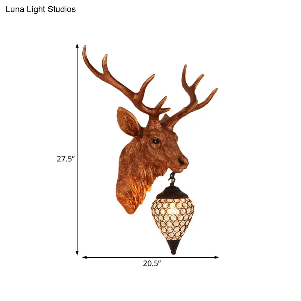 Country Crystal Wall Sconce Lamp with Deer Head, Teardrop Beveled Design - 15"/20.5"/24.5" Wide, 1 Head, White/Yellow/Gold