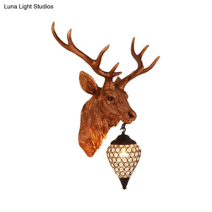 Country Crystal Wall Sconce Lamp with Deer Head, Teardrop Beveled Design - 15"/20.5"/24.5" Wide, 1 Head, White/Yellow/Gold