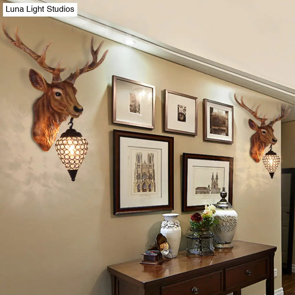 Country Crystal Wall Sconce Lamp with Deer Head, Teardrop Beveled Design - 15"/20.5"/24.5" Wide, 1 Head, White/Yellow/Gold