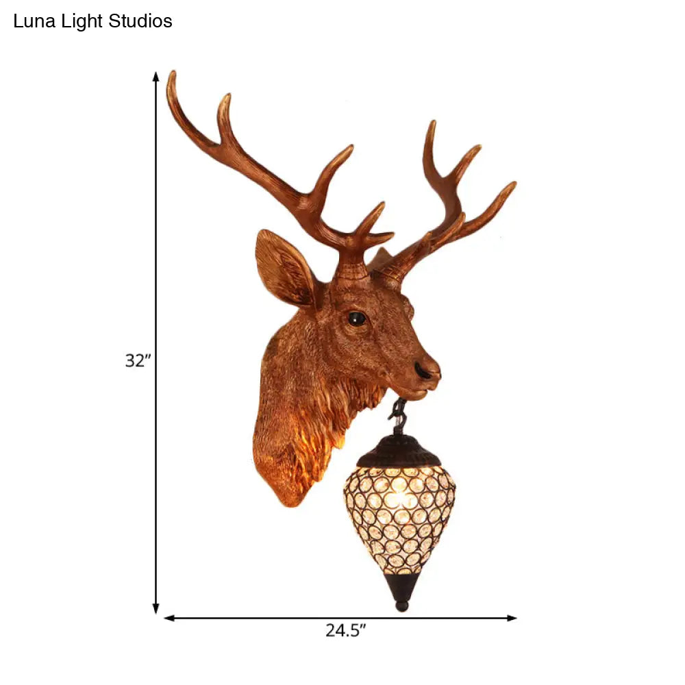 Country Crystal Wall Sconce Lamp with Deer Head, Teardrop Beveled Design - 15"/20.5"/24.5" Wide, 1 Head, White/Yellow/Gold