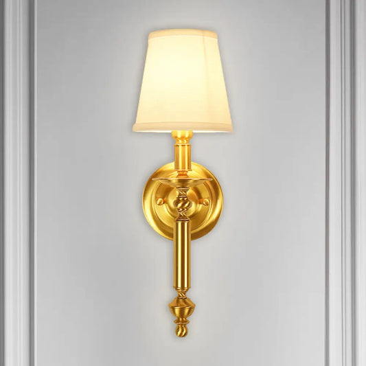 Country Fabric Tapered Wall Lighting: Single Light Brass Wall Mounted Lamp with Metallic Arm