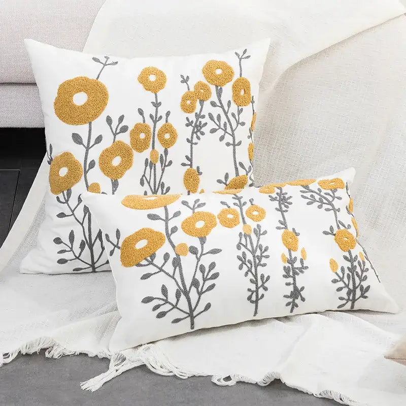 White throw pillows with embroidered yellow and gray floral patterns country floral embroidered cushion cover