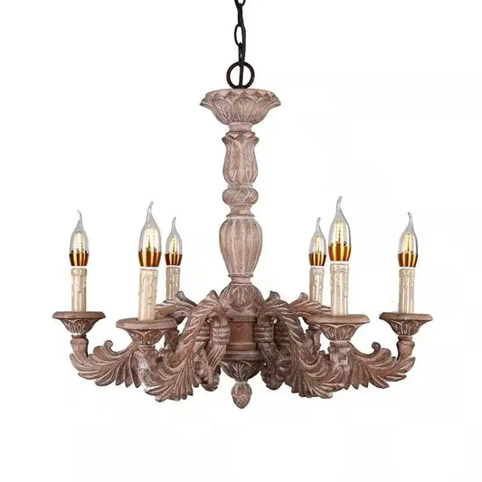Country french solid wood chandelier in antique style with six candle-shaped bulbs and weathered finish for dining room decorbites
